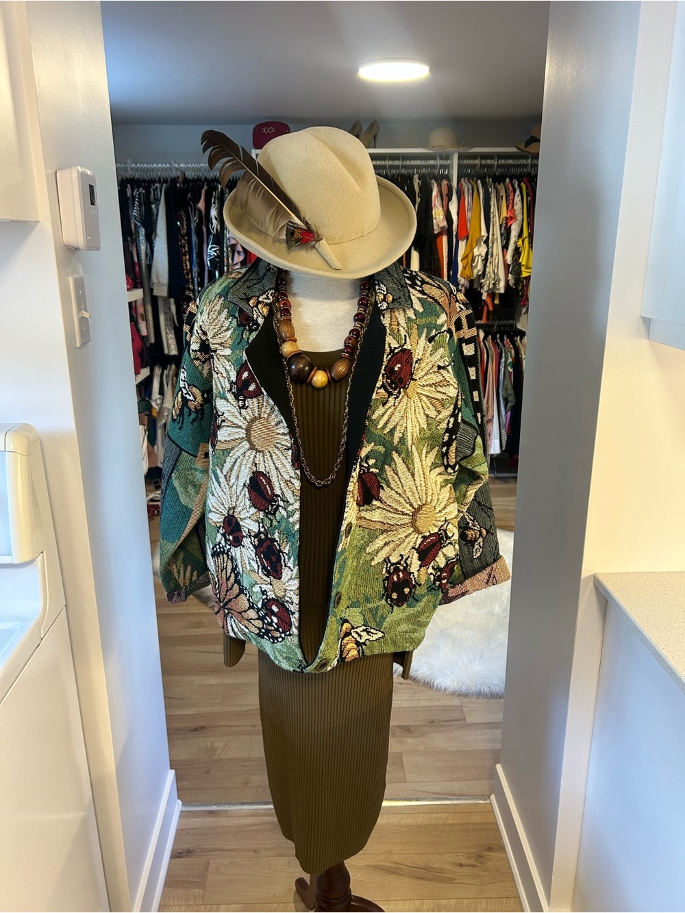 Floral Tapestry Open-Front Blazer Jacket - Green